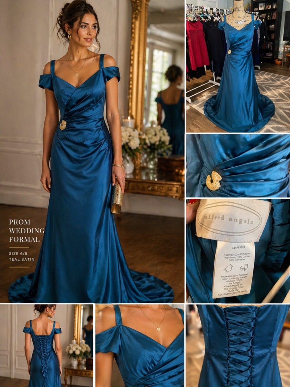 Alfred Angelo Teal Satin Formal Gown Corset Back Draped Evening Dress Size 8–10